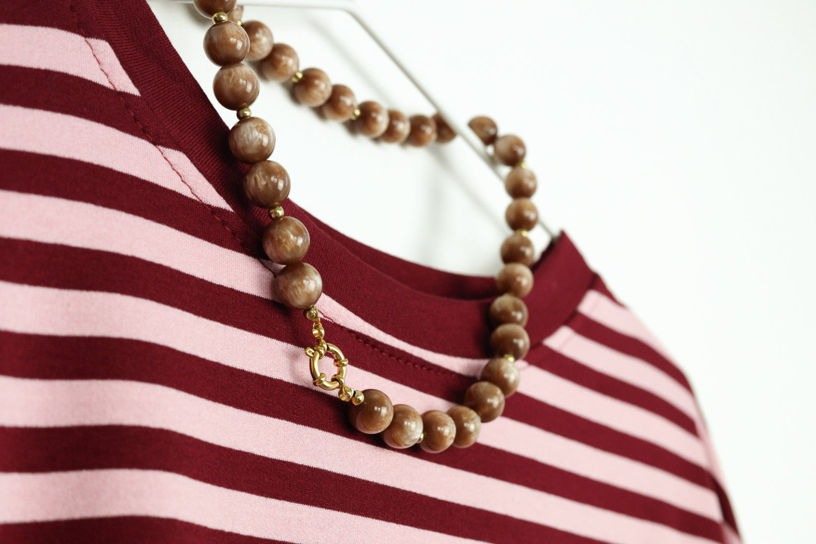 Ketting kralen stainless steel bruin beige