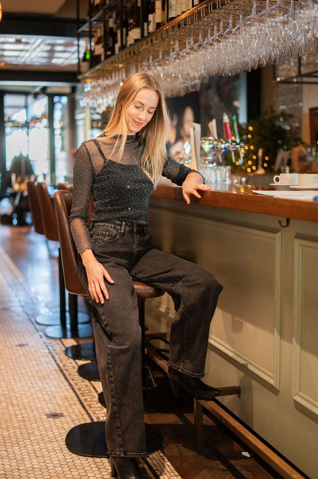 Mesh top lange mouw zwart zilver strass