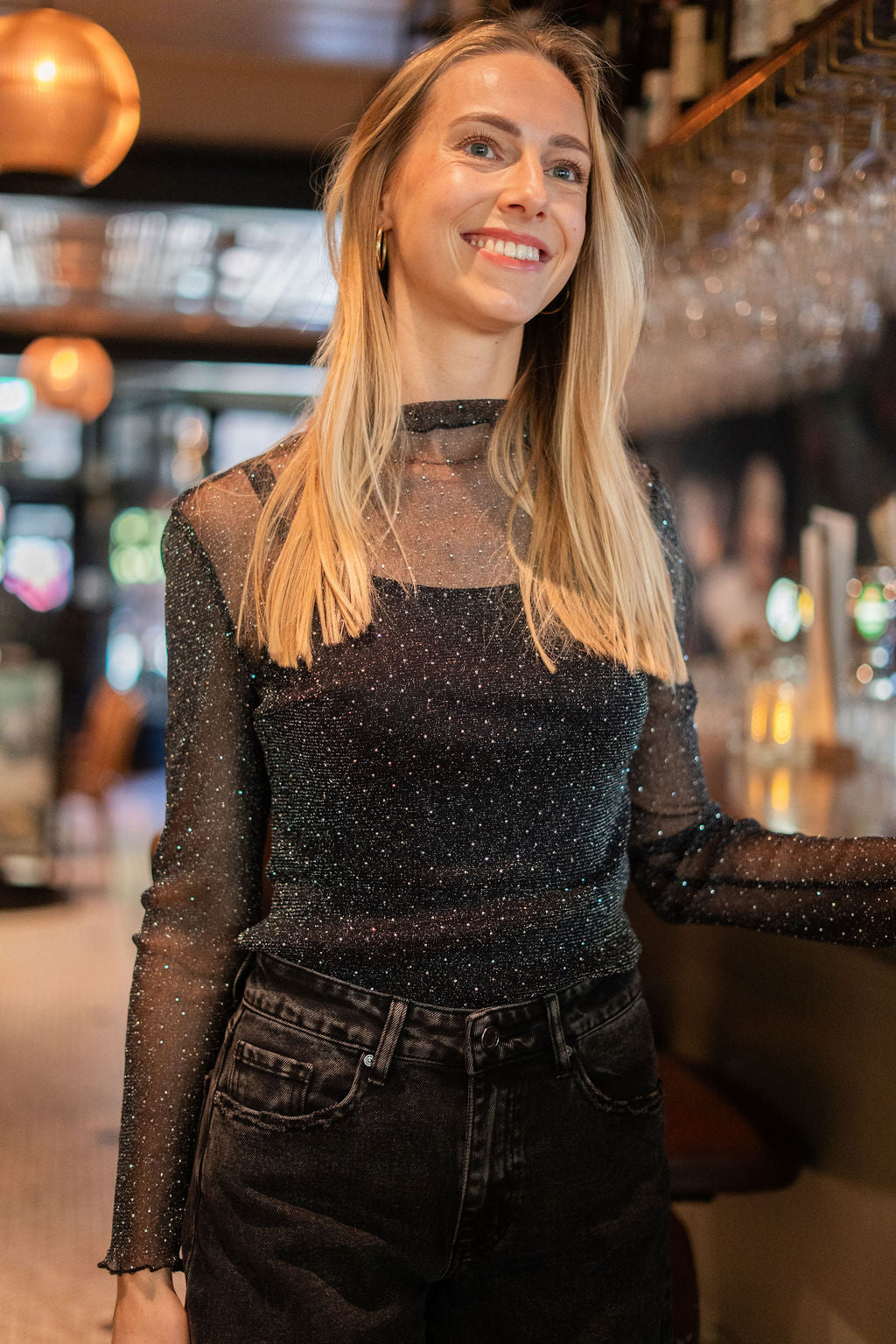 Mesh top lange mouw zwart zilver strass