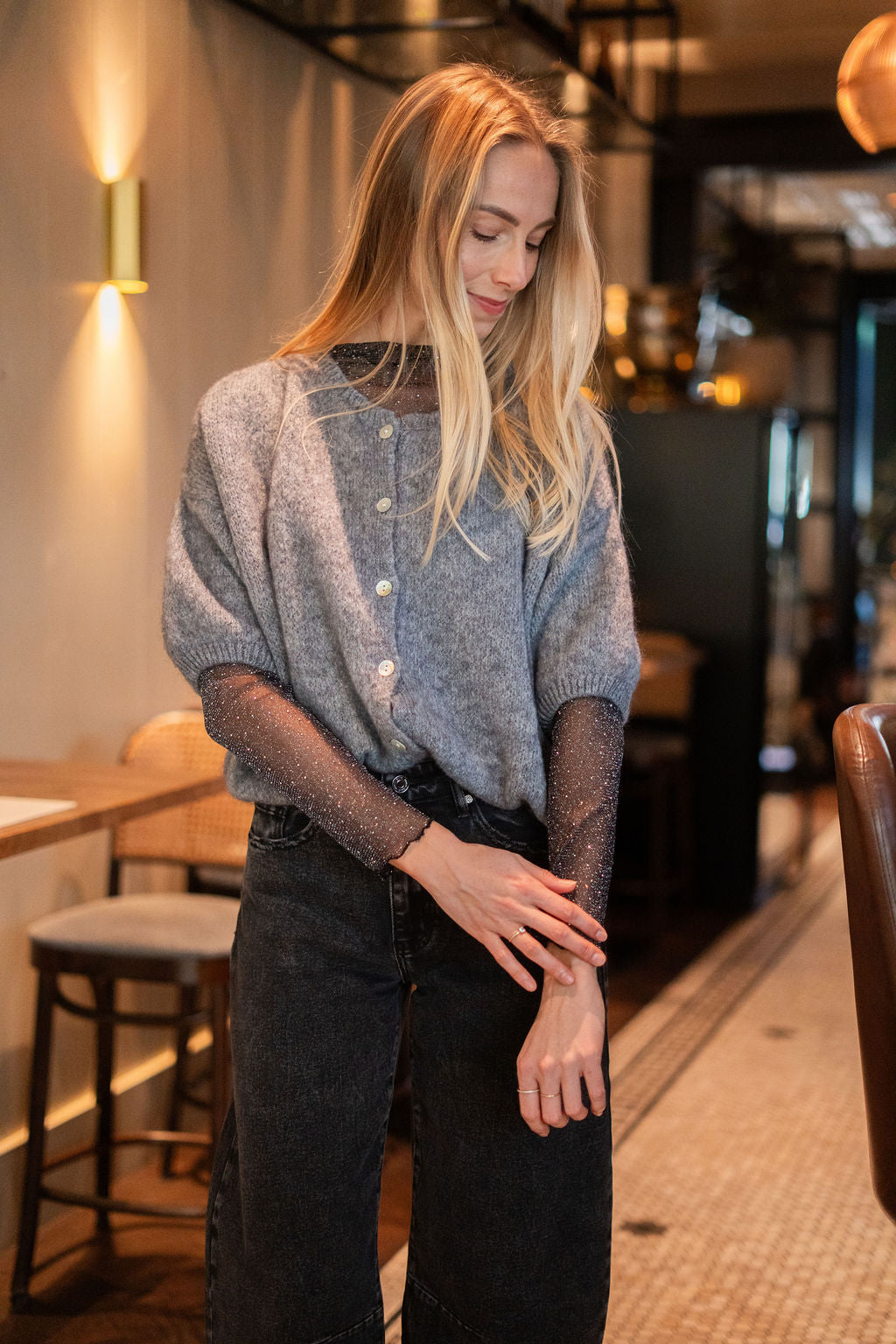 Mesh top lange mouw zwart zilver strass