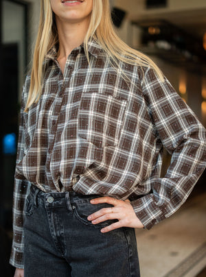 Geruite blouse strass steentjes bruin