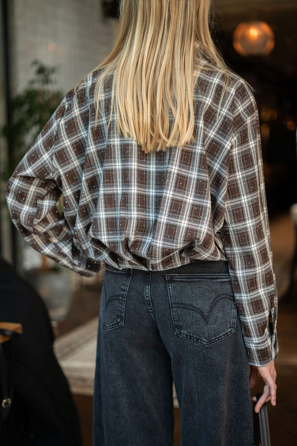 Geruite blouse strass steentjes bruin
