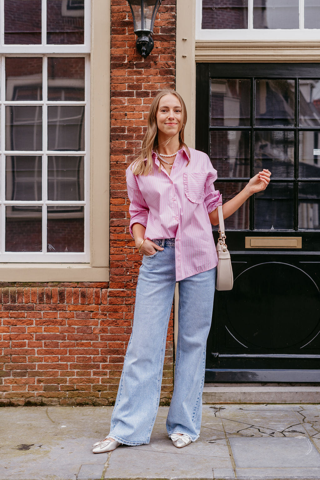 Gestreepte blouse ruches roze wit
