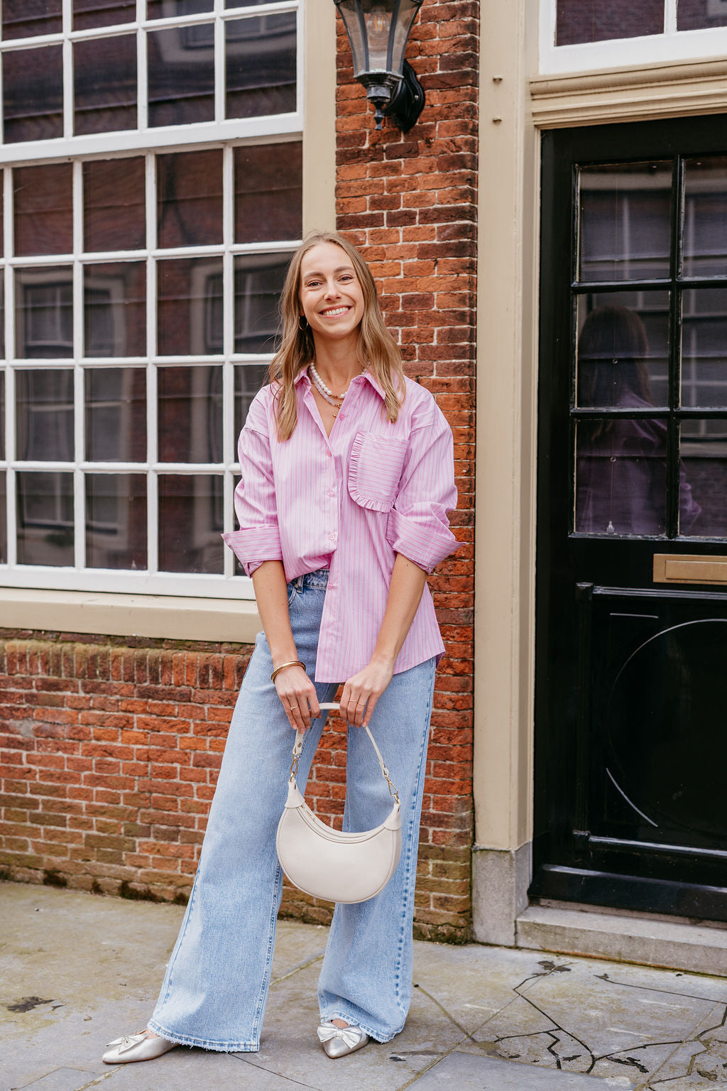 Gestreepte blouse ruches roze wit