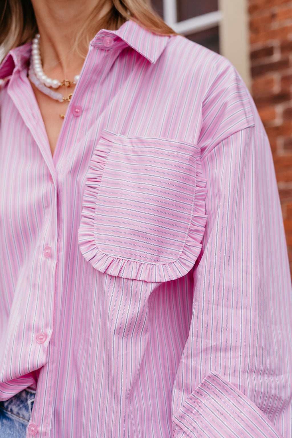 Gestreepte blouse ruches roze wit