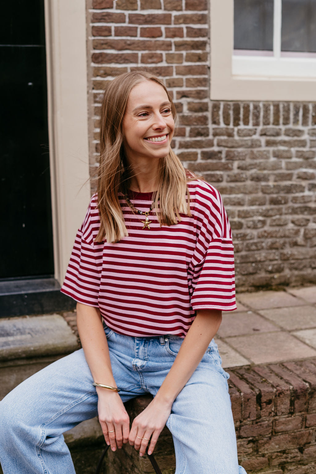 Ketting zeester parel stainless steel goud bruin