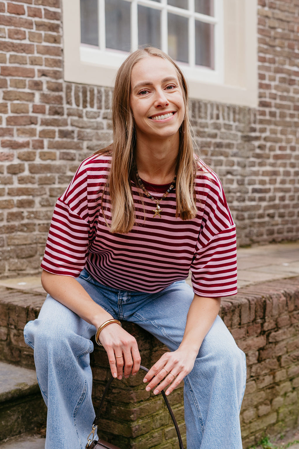 Gestreept T-shirt korte mouw rood roze