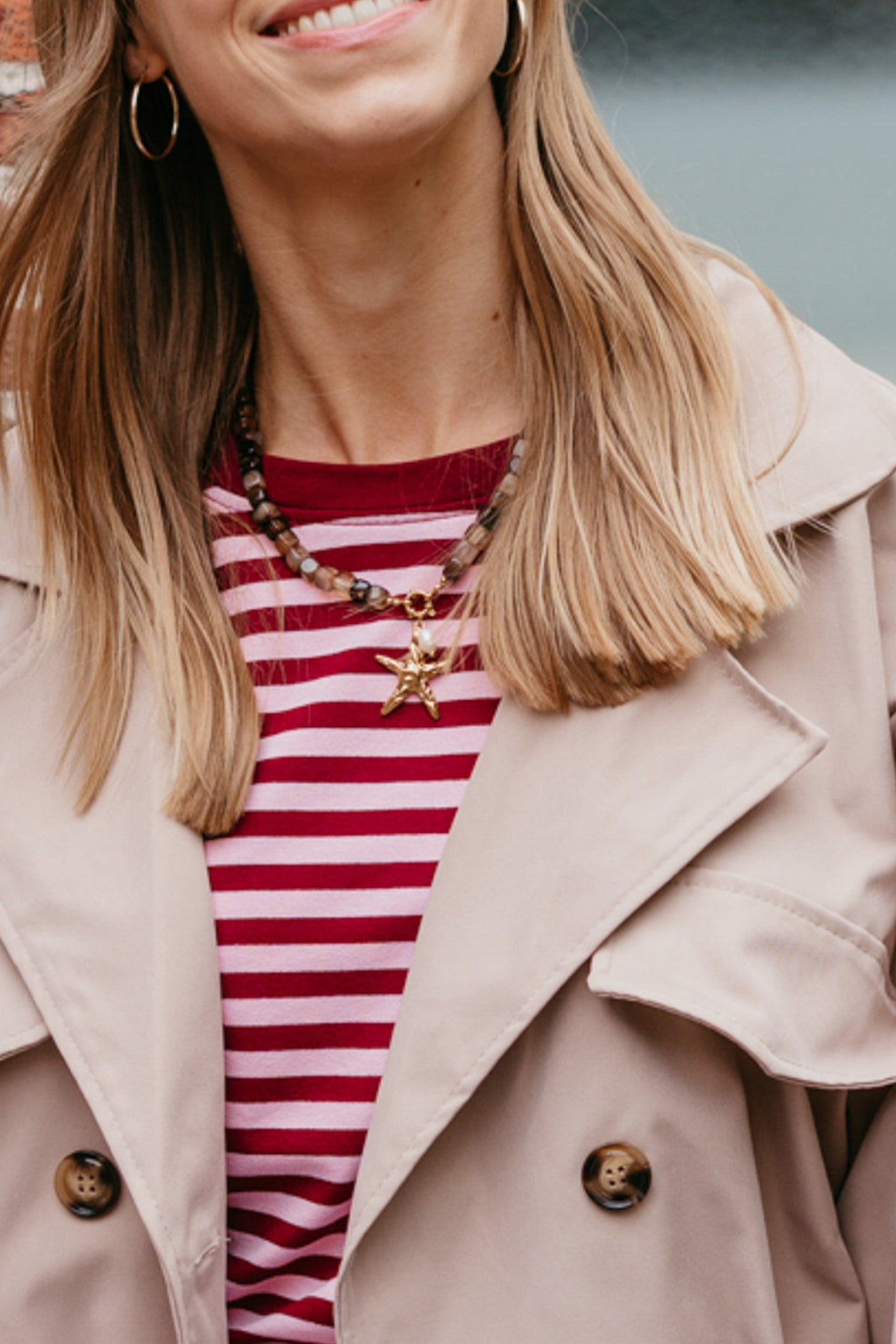 Ketting zeester parel stainless steel goud bruin