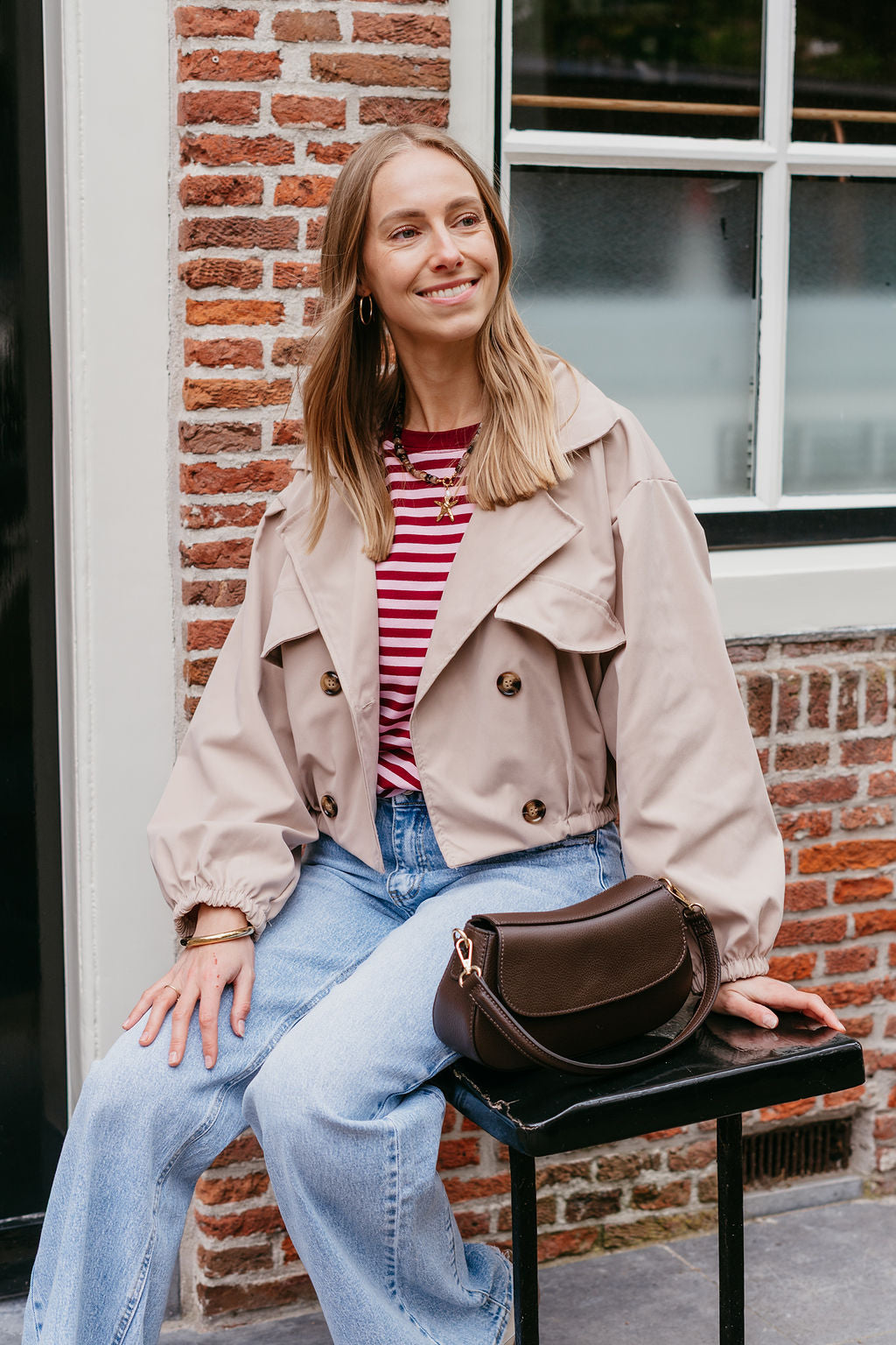 Leren schoudertas bruin goud