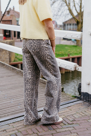 Leopard jeans wide leg tijgerprint beige bruin