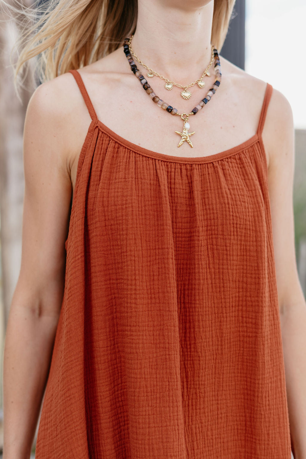 Lange mousseline jurk terracotta