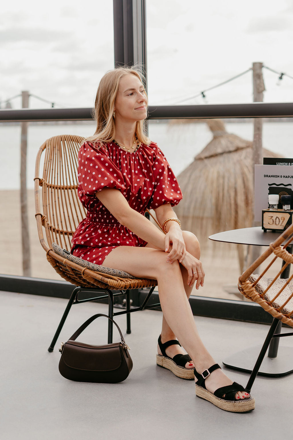 Polkadot top bordeaux roze pofmouw