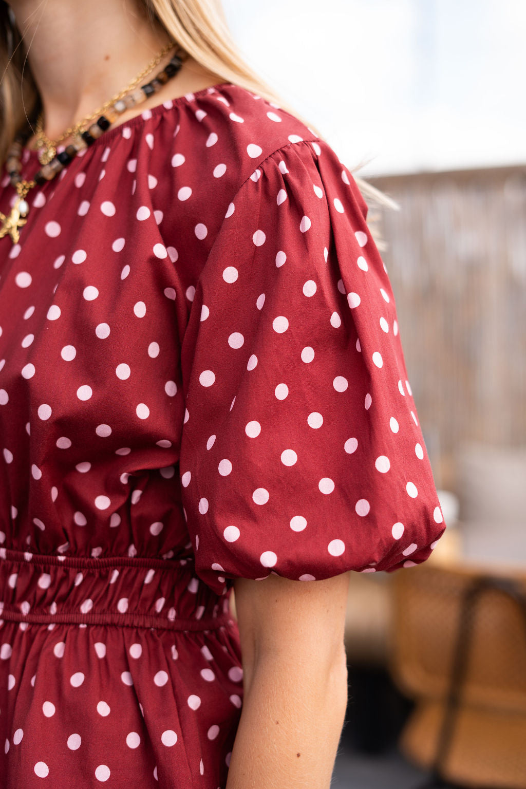 Polkadot top bordeaux roze pofmouw