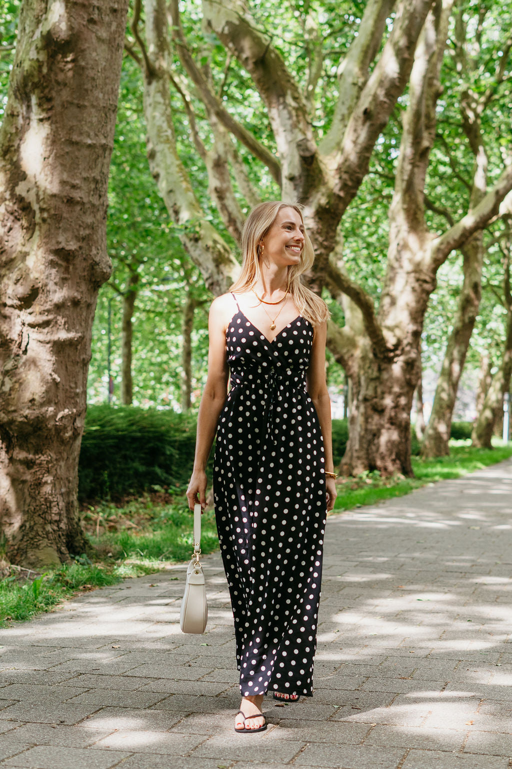 Lange polkadot jurk zwart wit