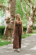 Lange polkadot jurk bruin wit