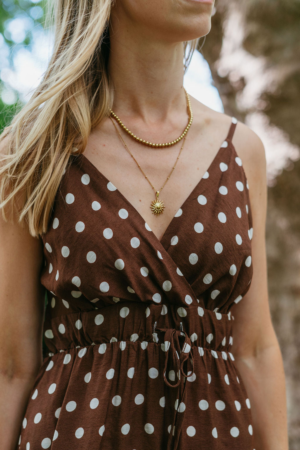 Lange polkadot jurk bruin wit