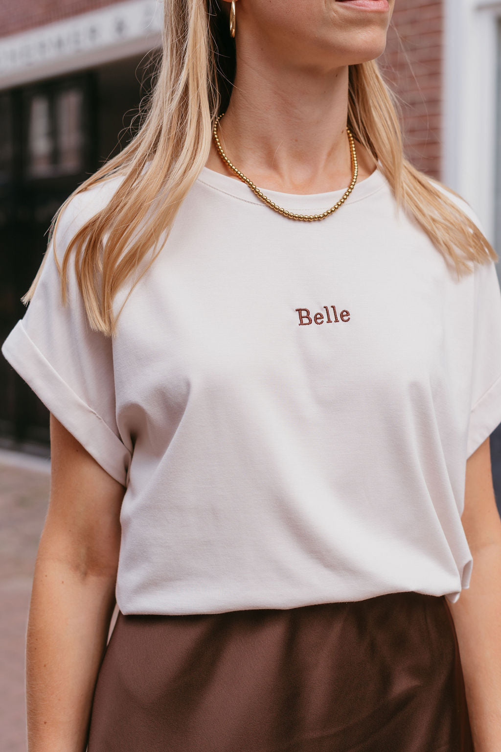 T-shirt Belle beige korte mouw