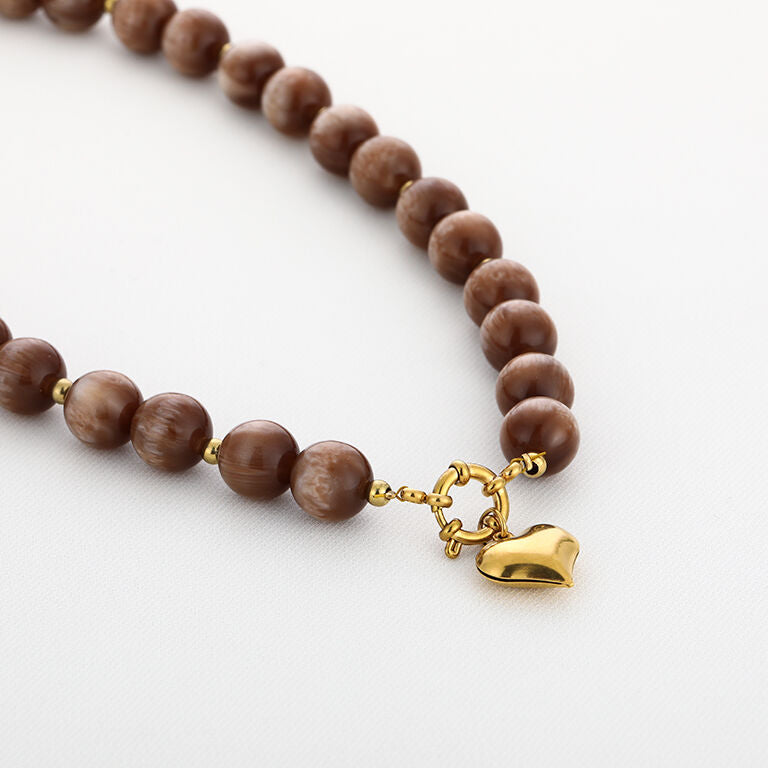 Ketting kralen stainless steel bruin beige