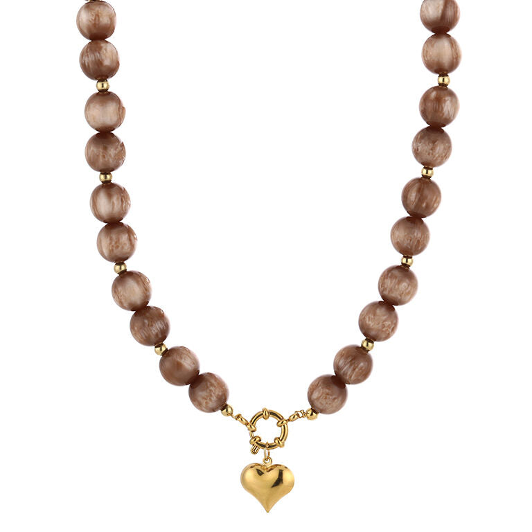 Ketting kralen stainless steel bruin beige