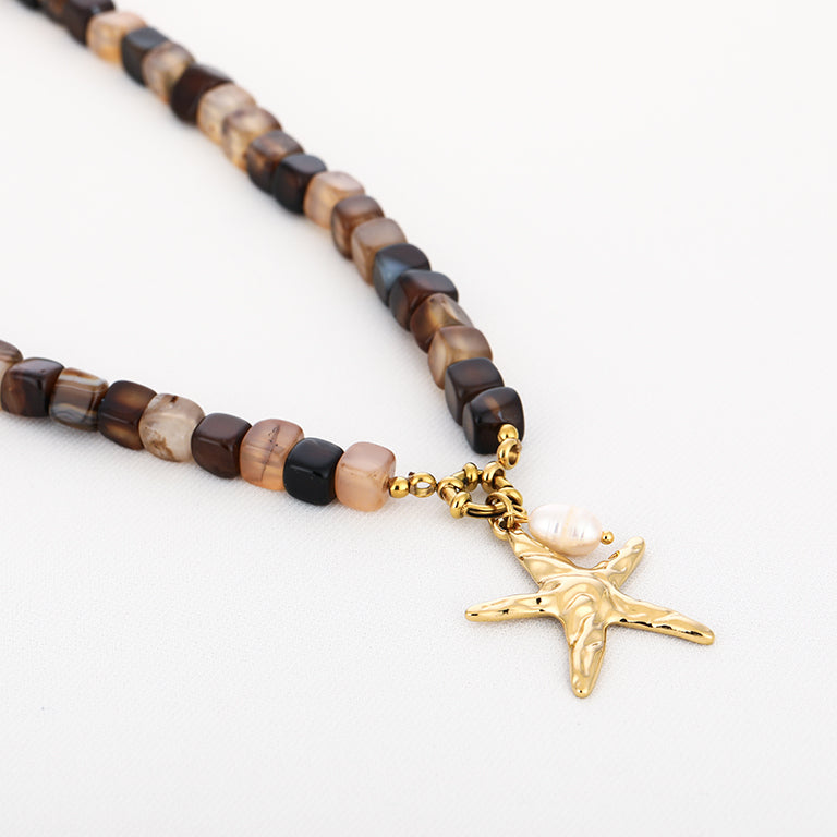 Ketting zeester parel stainless steel goud bruin