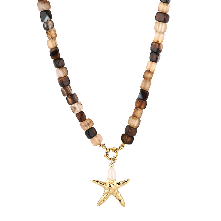 Ketting zeester parel stainless steel goud bruin